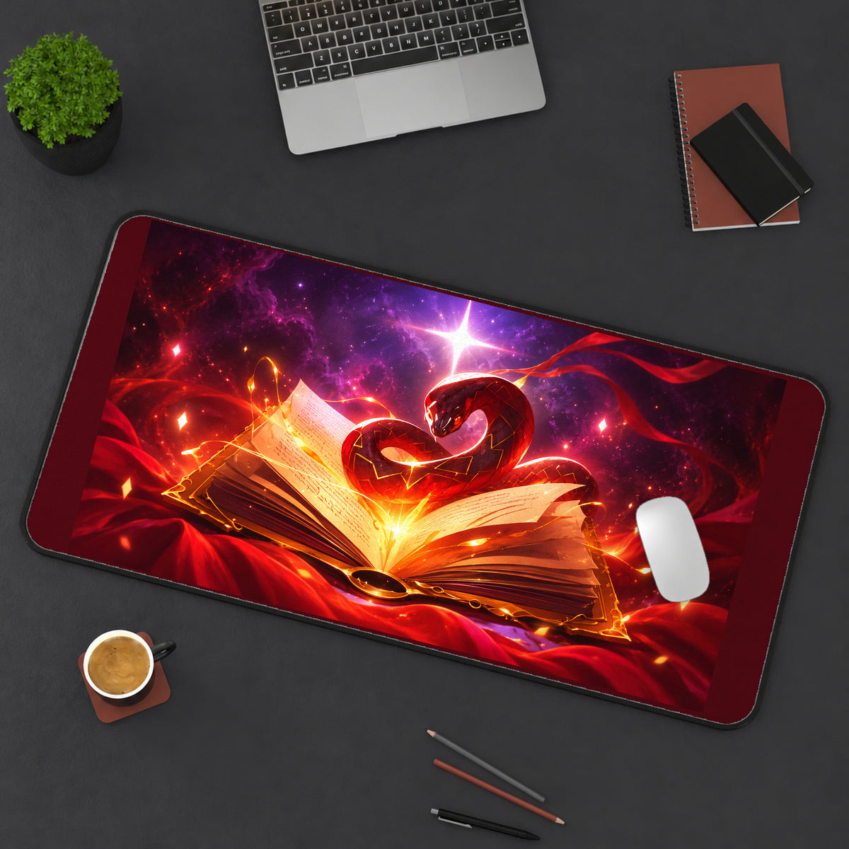 Red Serpent above a Spellbook desk mat — product mockup 3