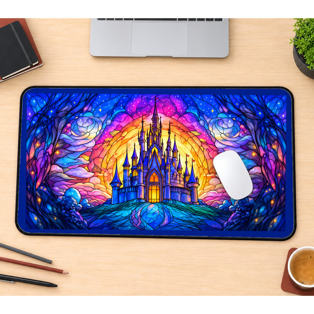 Blue Castle in a Glass Medallion desk mat — product mockup 1
