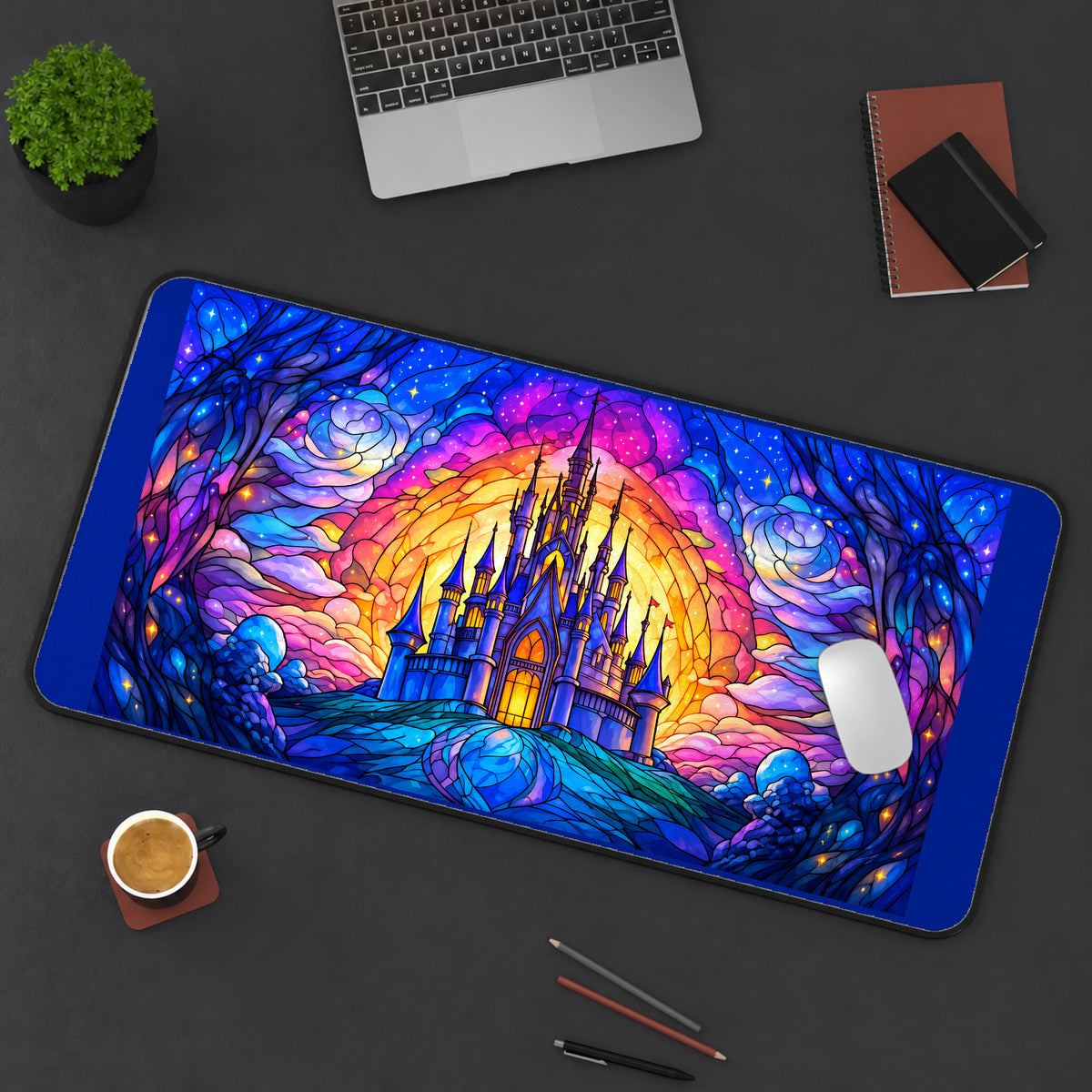 Blue Castle in a Glass Medallion desk mat — product mockup 3