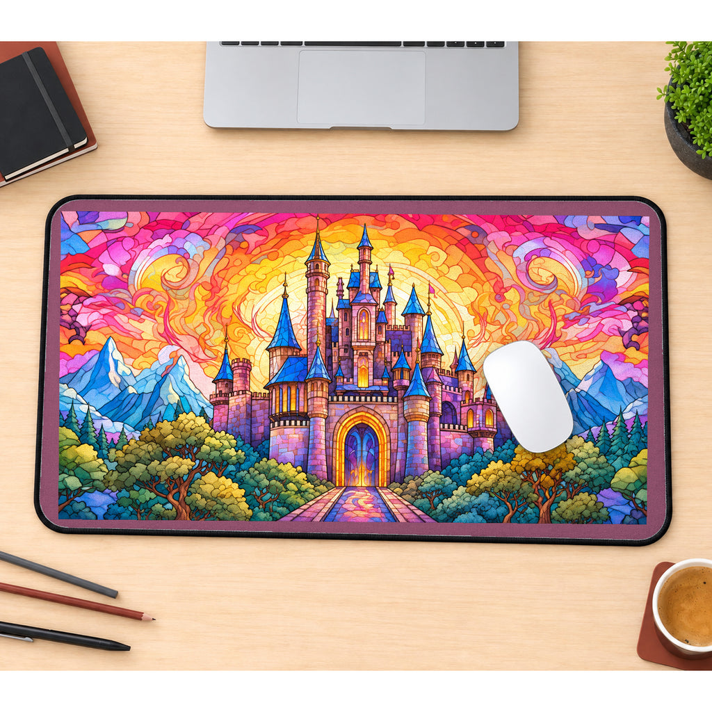 Colorful Glass Castle Landscape desk mat — product mockup 1