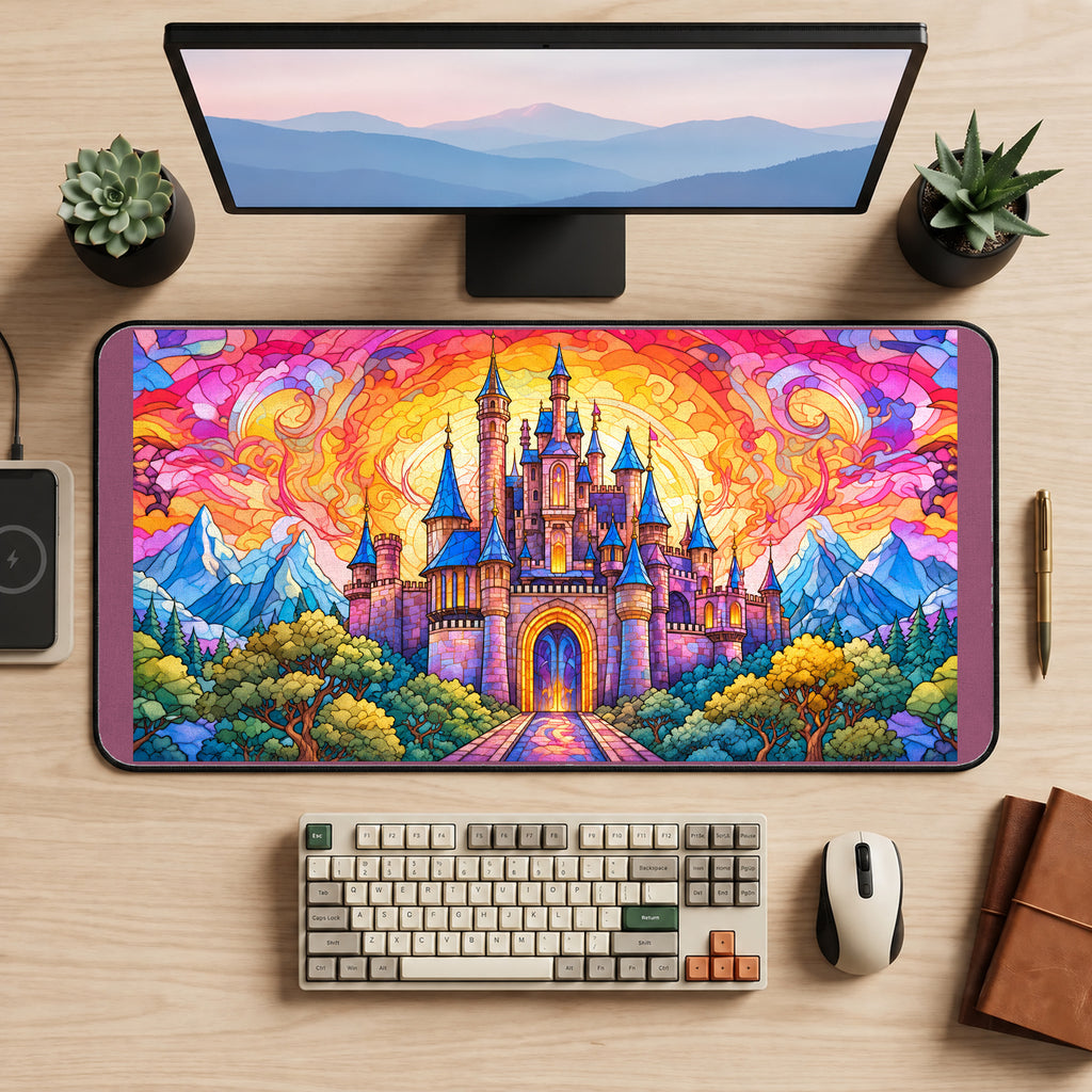 Colorful Glass Castle Landscape desk mat — product mockup 2