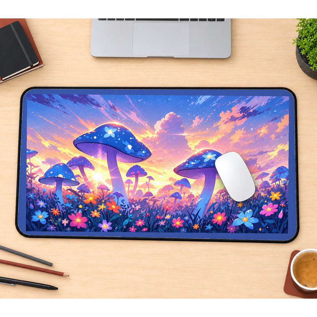 Blue Mushrooms at Pastel Sunset desk mat — product mockup 1