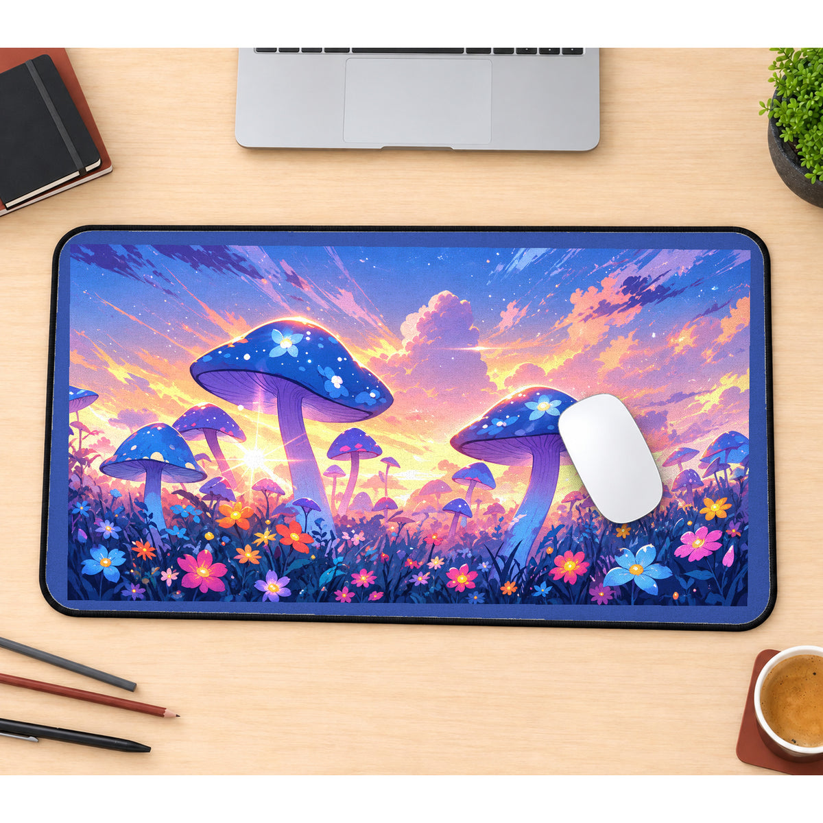 Blue Mushrooms at Pastel Sunset desk mat — product mockup 1