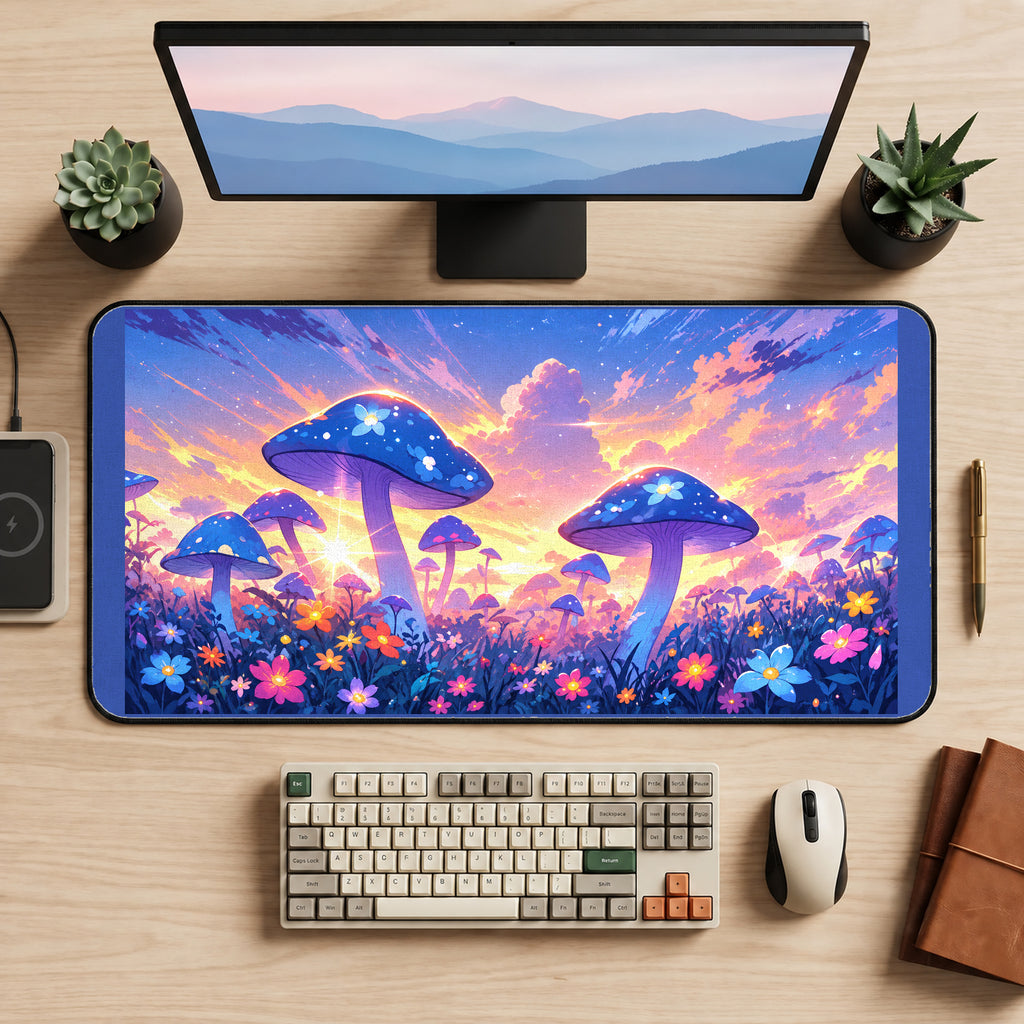 Blue Mushrooms at Pastel Sunset desk mat — product mockup 2