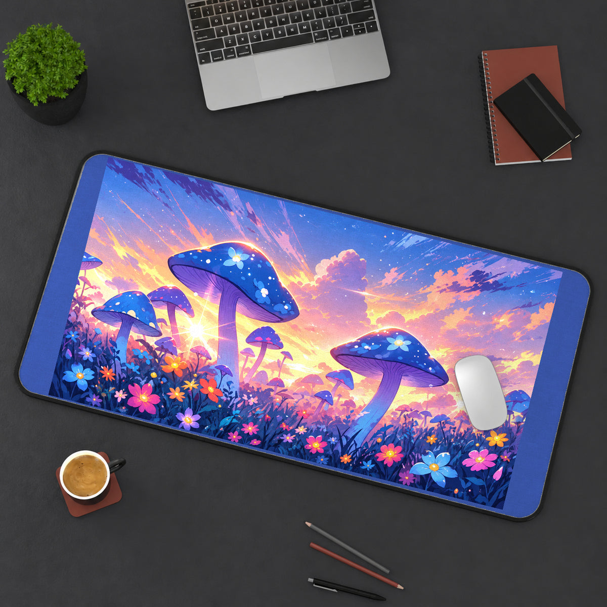 Blue Mushrooms at Pastel Sunset desk mat — product mockup 3