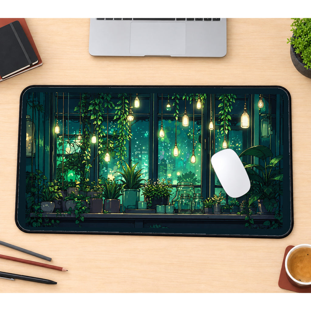 Emerald Greenhouse with Hanging Lights desk mat — product mockup 1