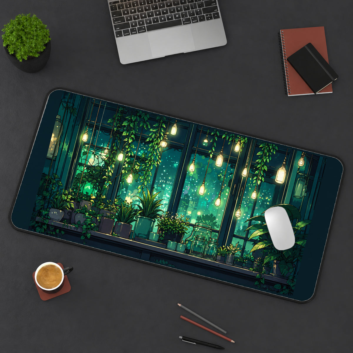 Emerald Greenhouse with Hanging Lights desk mat — product mockup 3