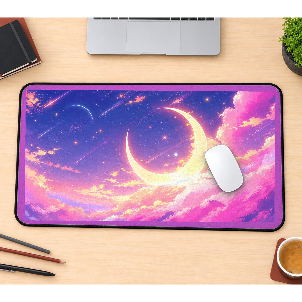 Golden Crescent in Pink Clouds desk mat — product mockup 1