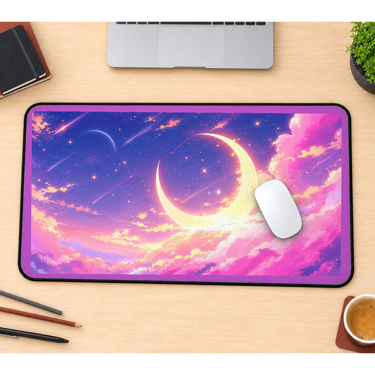 Golden Crescent in Pink Clouds desk mat — product mockup 1