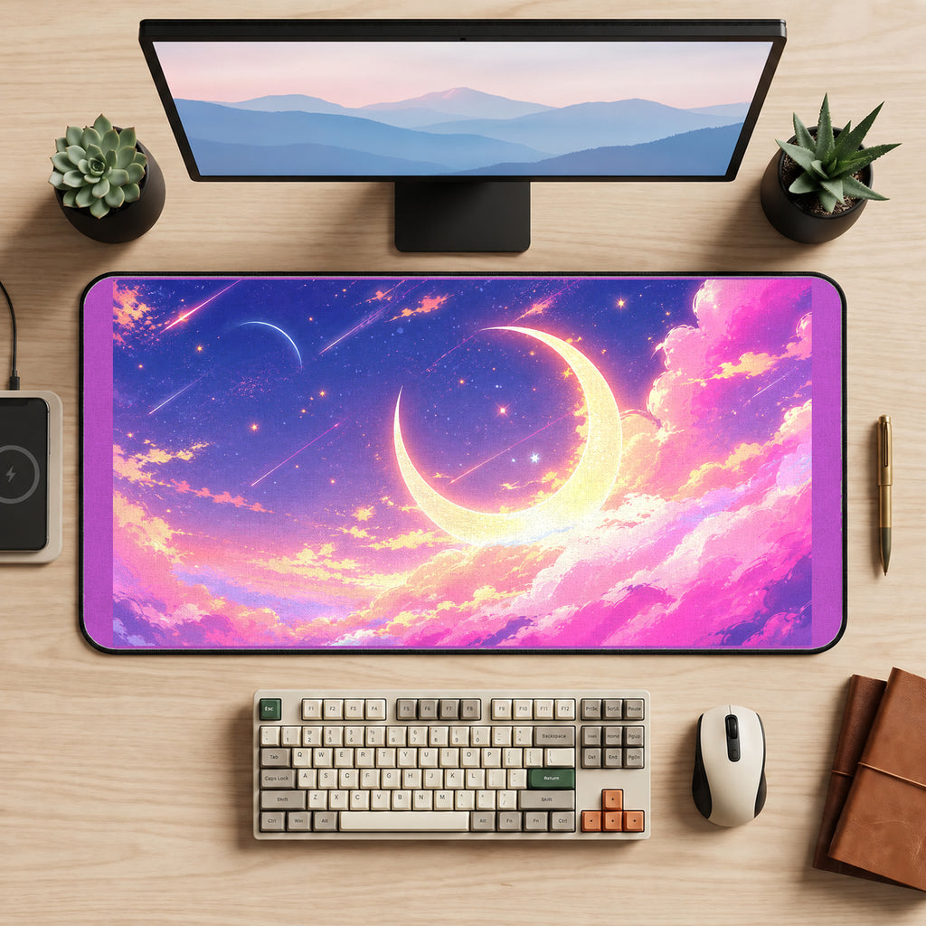 Golden Crescent in Pink Clouds desk mat — product mockup 2