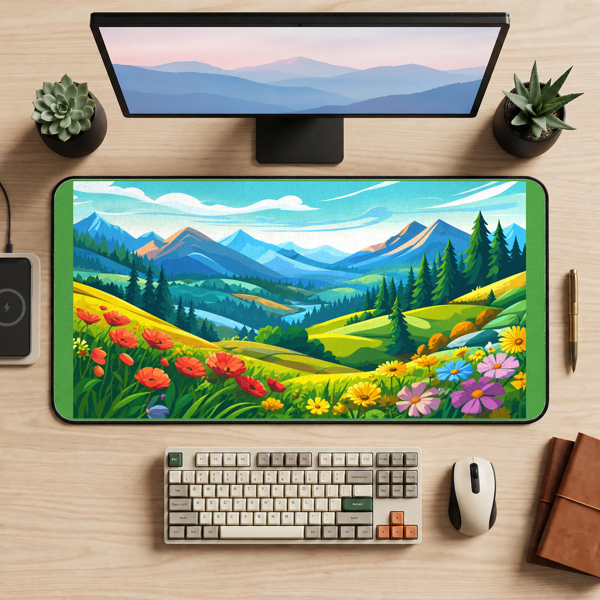 Bright Mountain Meadow Landscape desk mat — product mockup 2