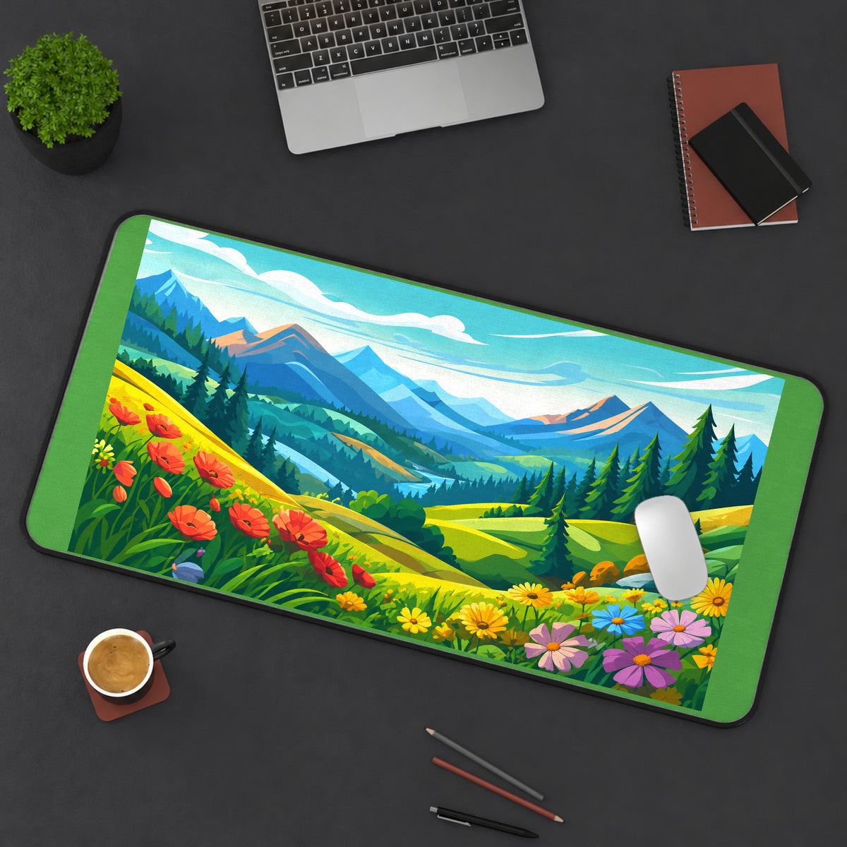 Bright Mountain Meadow Landscape desk mat — product mockup 3