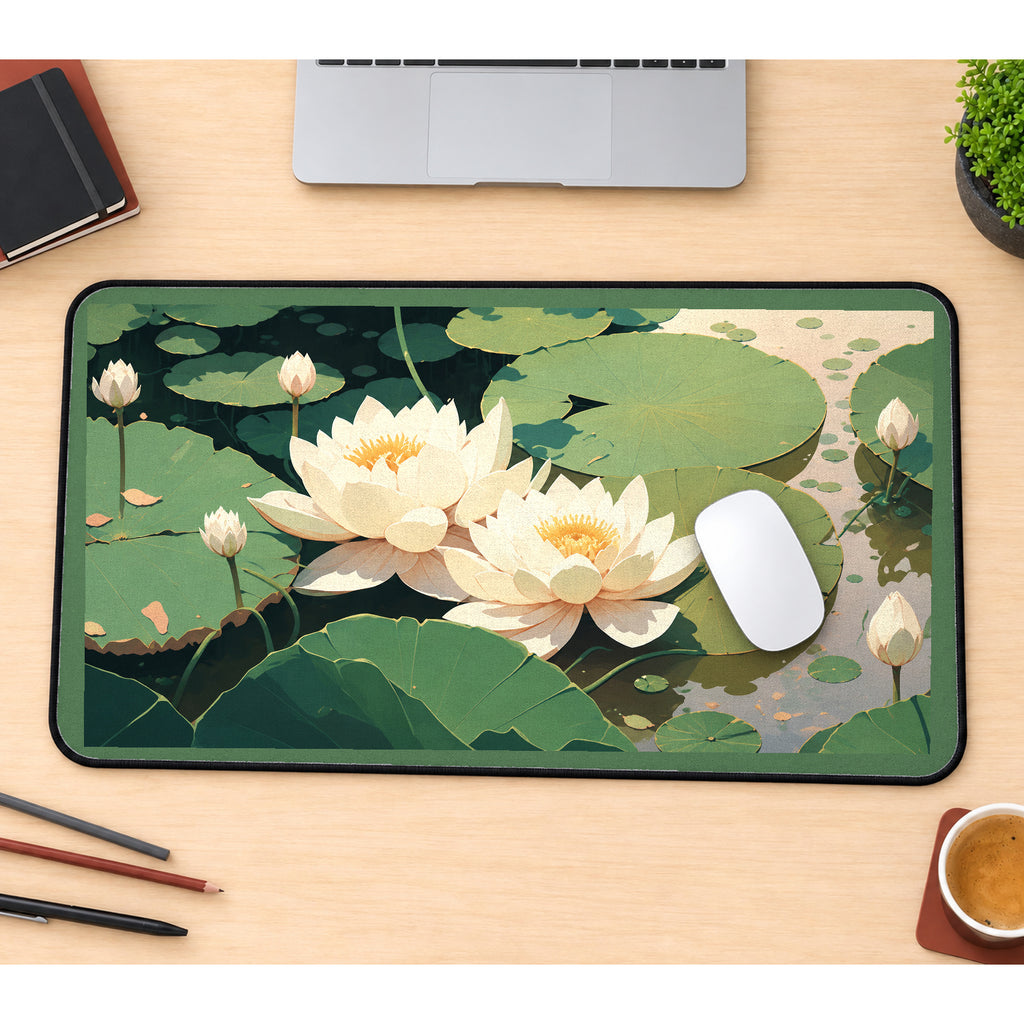 Cream Lotus on a Green Pond desk mat — product mockup 1
