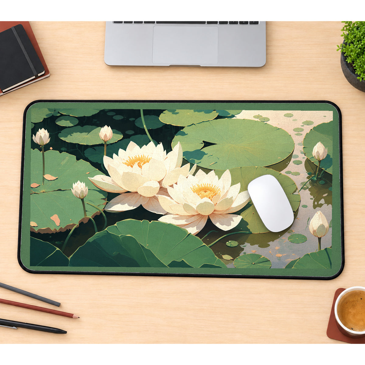 Cream Lotus on a Green Pond desk mat — product mockup 1