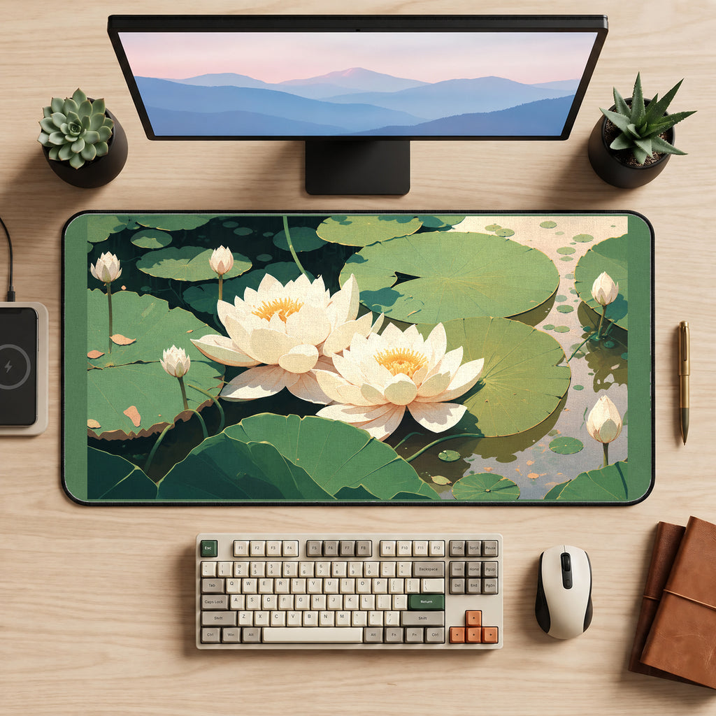 Cream Lotus on a Green Pond desk mat — product mockup 2