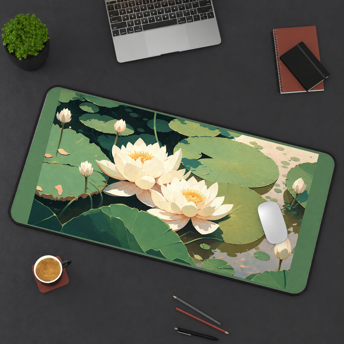 Cream Lotus on a Green Pond desk mat — product mockup 3