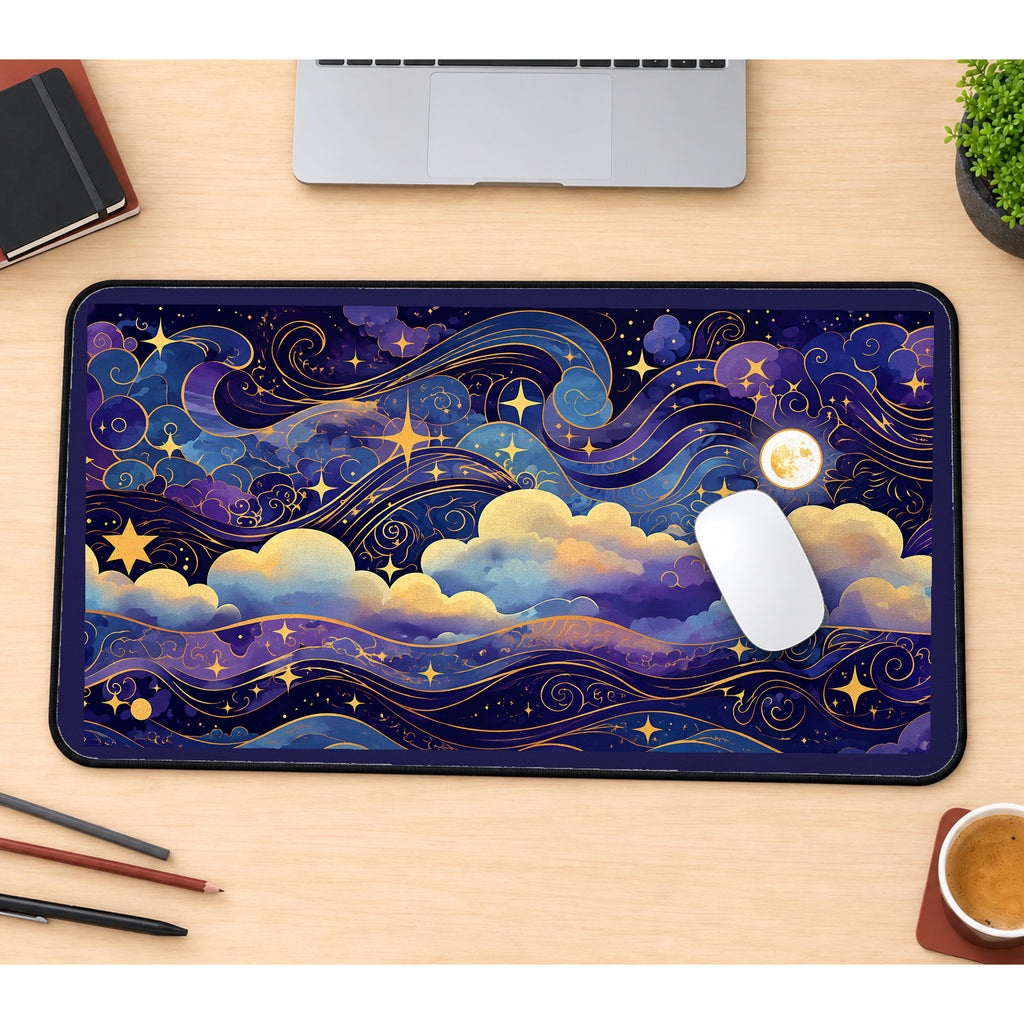 Gold Celestial Clouds and Stars desk mat — product mockup 1