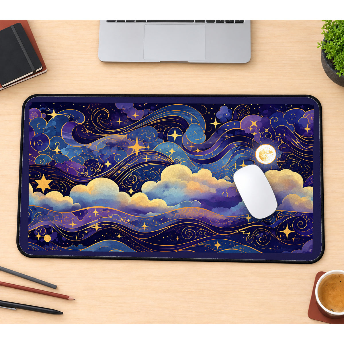Gold Celestial Clouds and Stars desk mat — product mockup 1