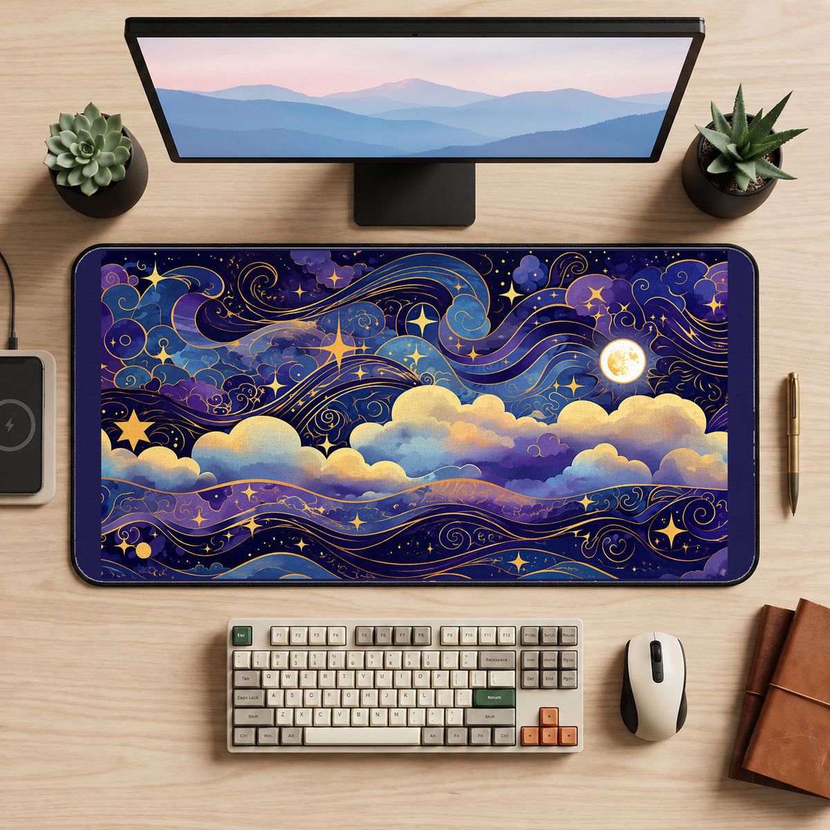 Gold Celestial Clouds and Stars desk mat — product mockup 2