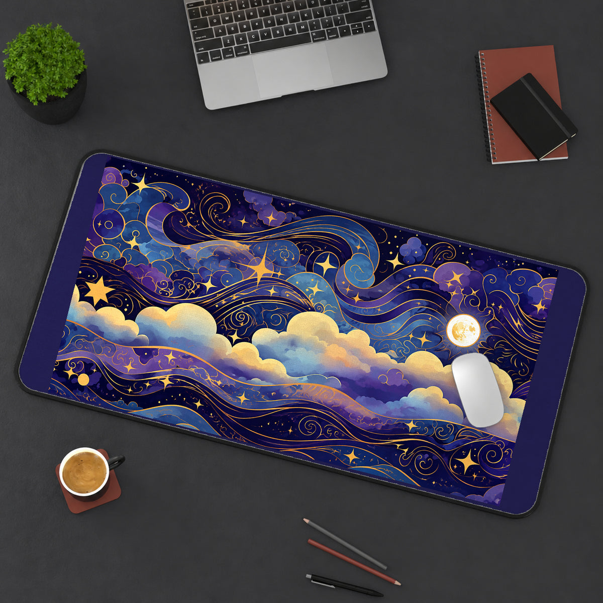 Gold Celestial Clouds and Stars desk mat — product mockup 3