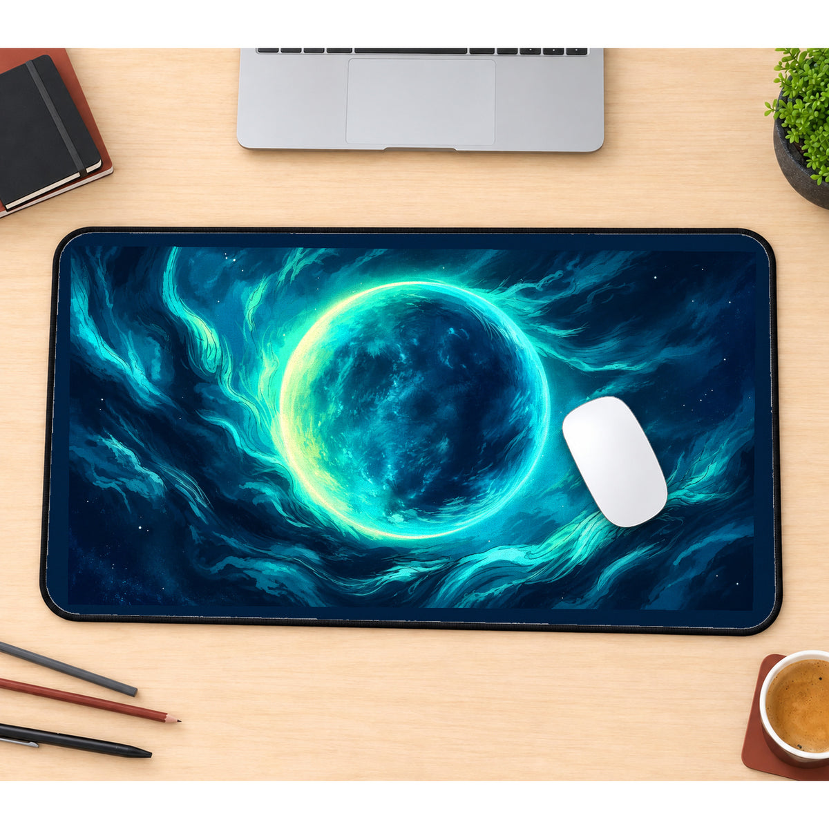 Turquoise Moon in Swirling Clouds desk mat — product mockup 1