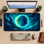 Turquoise Moon in Swirling Clouds desk mat — product mockup 2