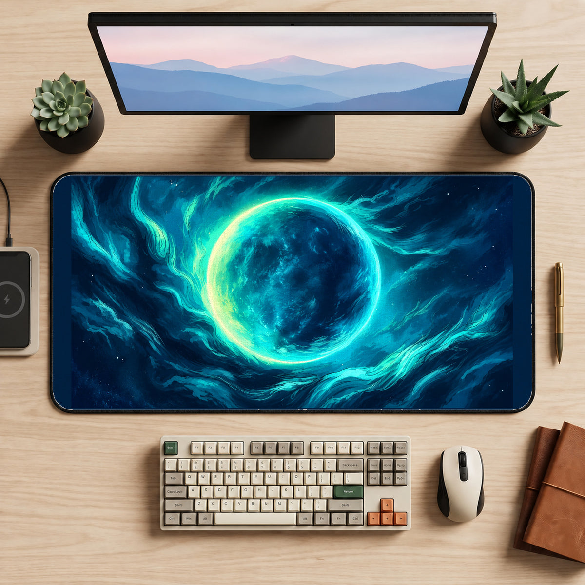 Turquoise Moon in Swirling Clouds desk mat — product mockup 2