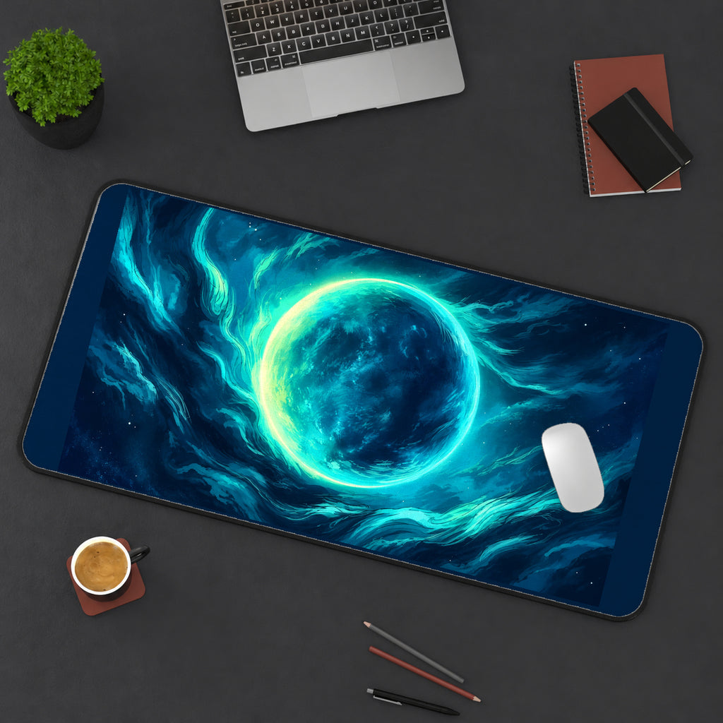 Turquoise Moon in Swirling Clouds desk mat — product mockup 3