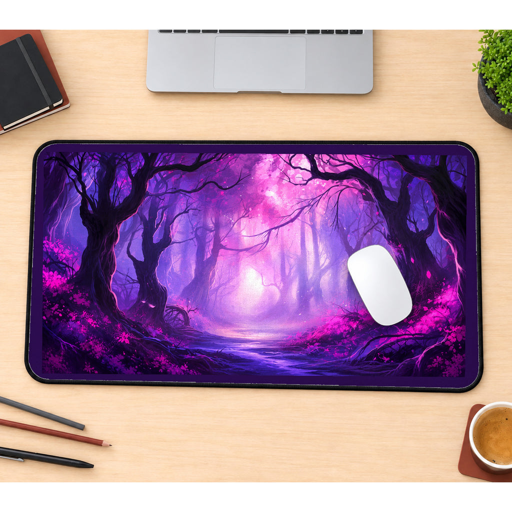 Glowing Purple Enchanted Woods desk mat — product mockup 1