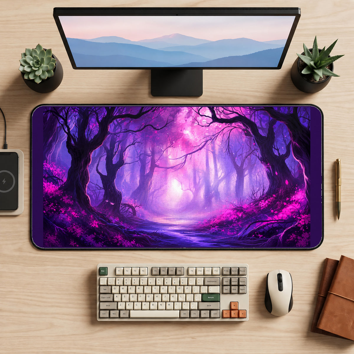 Glowing Purple Enchanted Woods desk mat — product mockup 2