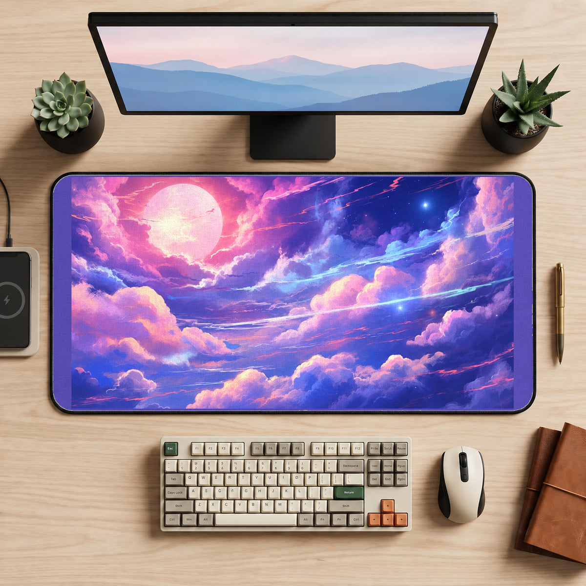 Pink and Violet Meteor Sky desk mat — product mockup 2