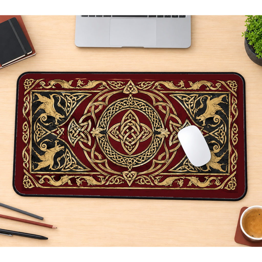 Gold Celtic Dragon Knotwork desk mat — product mockup 1