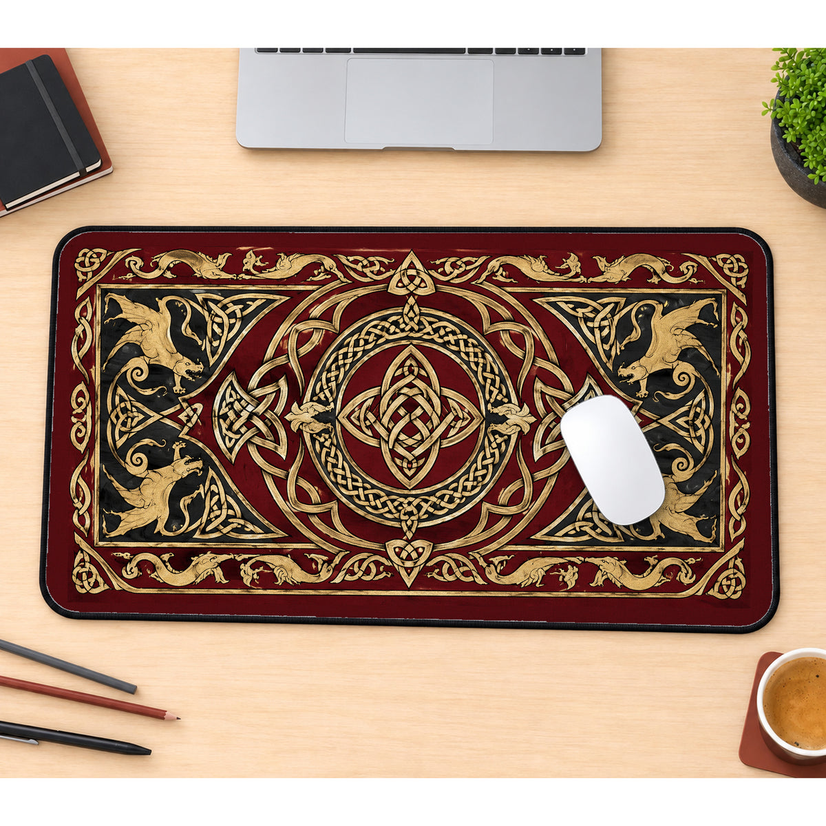 Gold Celtic Dragon Knotwork desk mat — product mockup 1