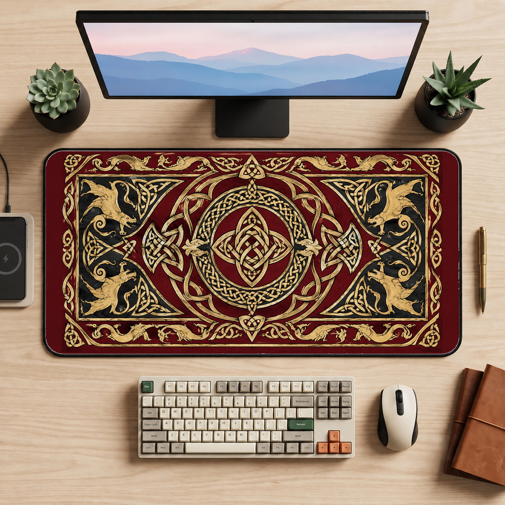 Gold Celtic Dragon Knotwork desk mat — product mockup 2