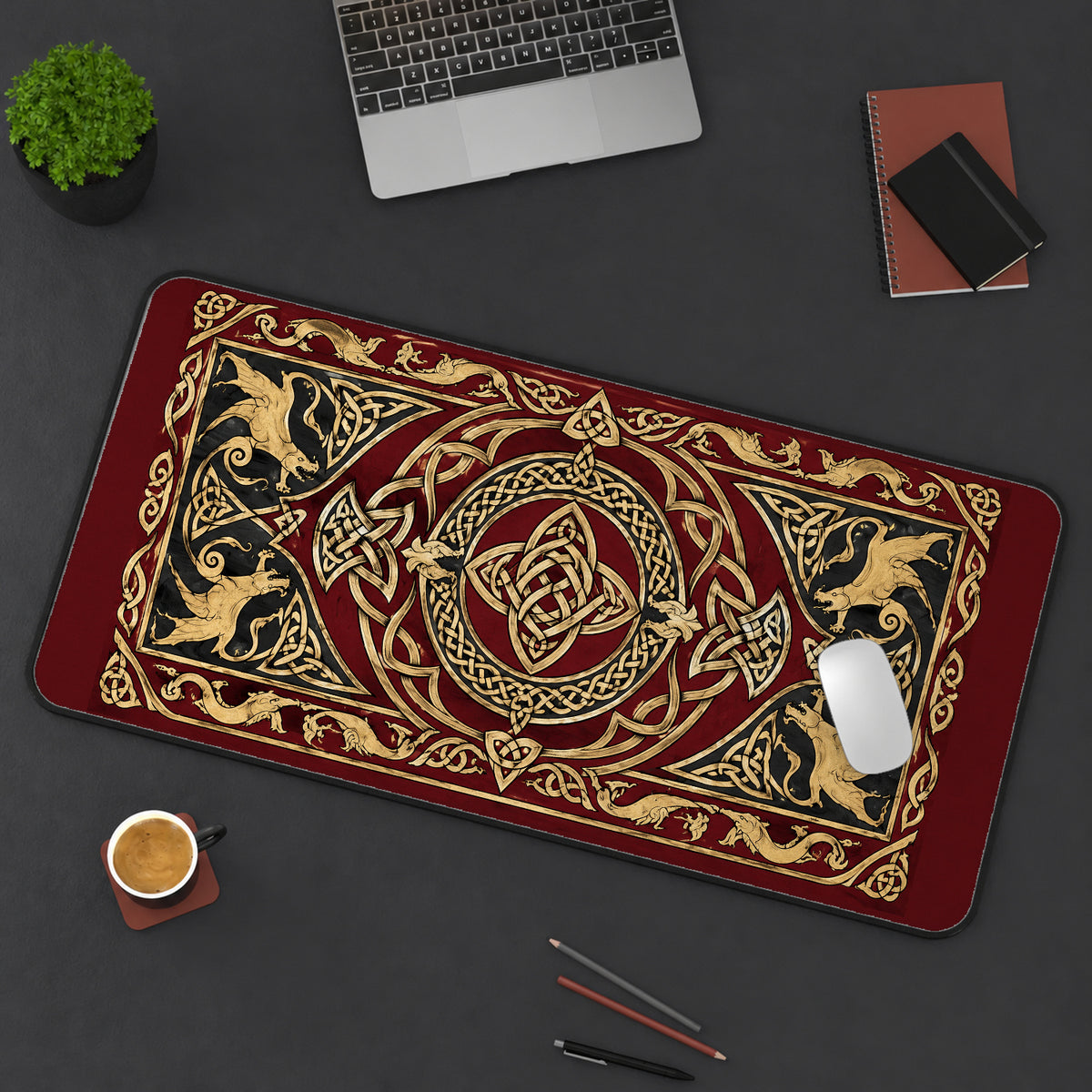 Gold Celtic Dragon Knotwork desk mat — product mockup 3