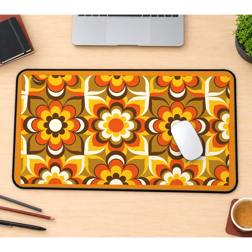Orange Seventies Flower Repeat desk mat — product mockup 1