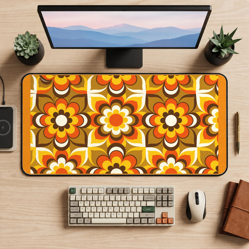 Orange Seventies Flower Repeat desk mat — product mockup 2