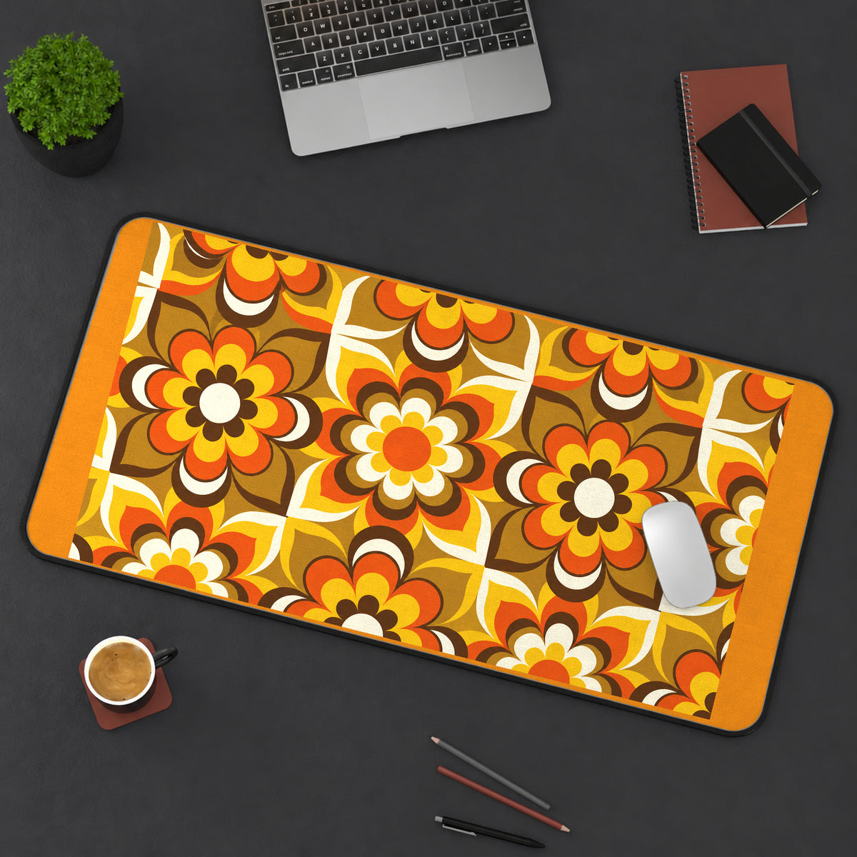 Orange Seventies Flower Repeat desk mat — product mockup 3