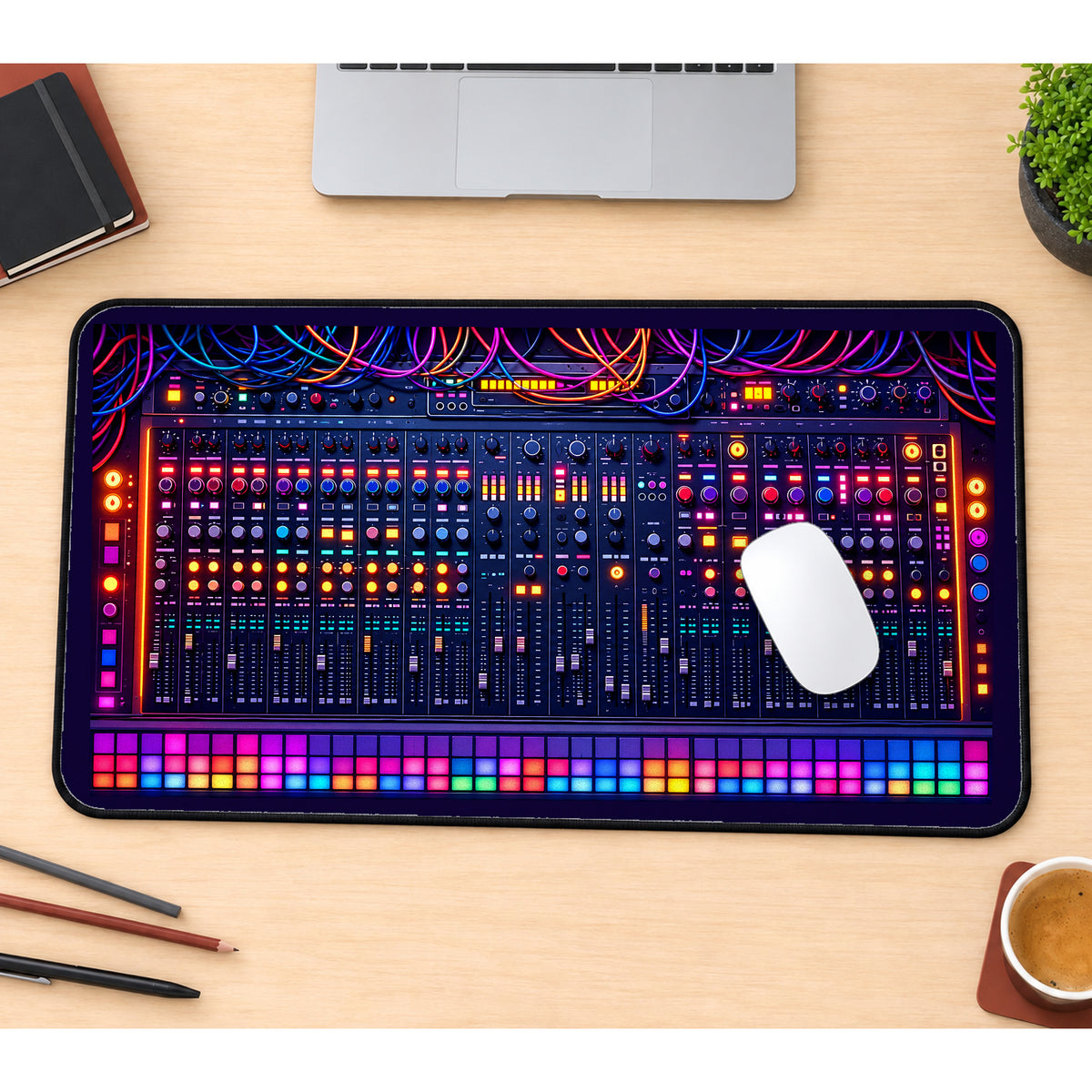 Neon Audio Mixing Console desk mat — product mockup 1