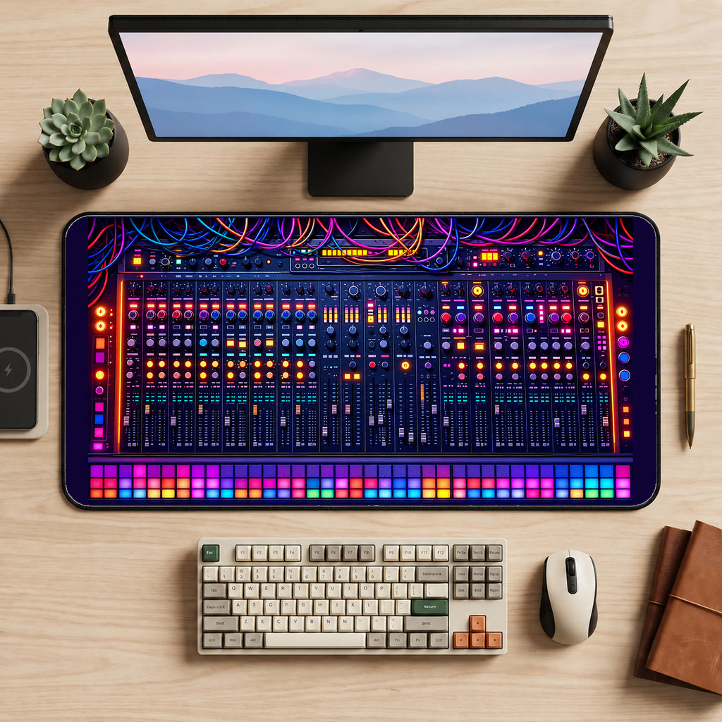 Neon Audio Mixing Console desk mat — product mockup 2