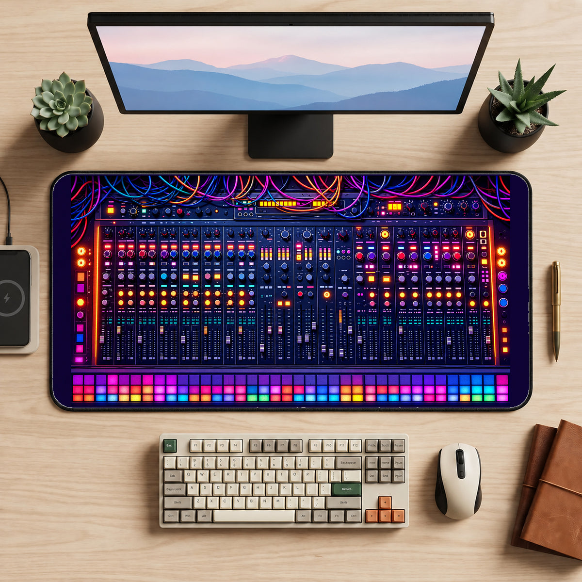 Neon Audio Mixing Console desk mat — product mockup 2