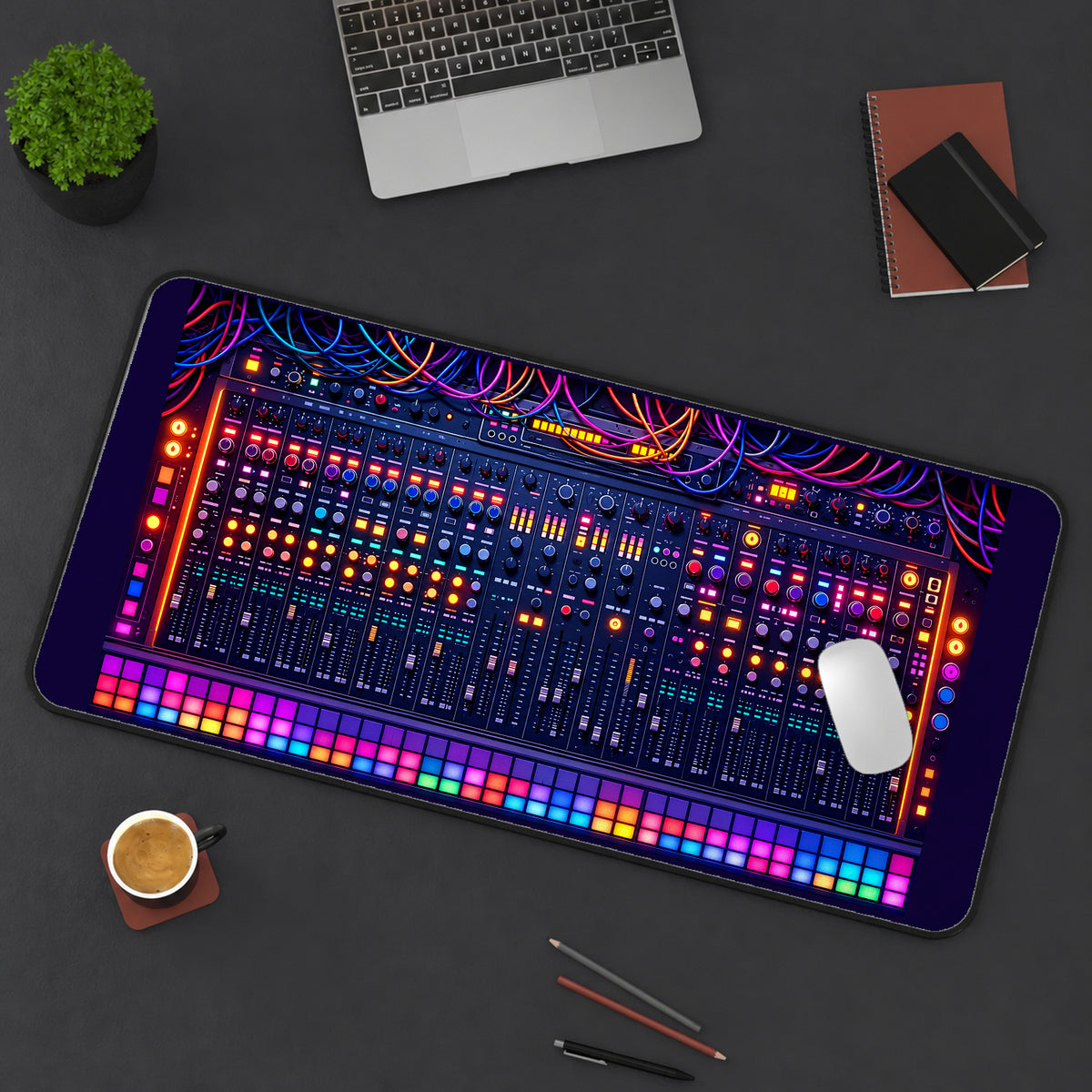 Neon Audio Mixing Console desk mat — product mockup 3