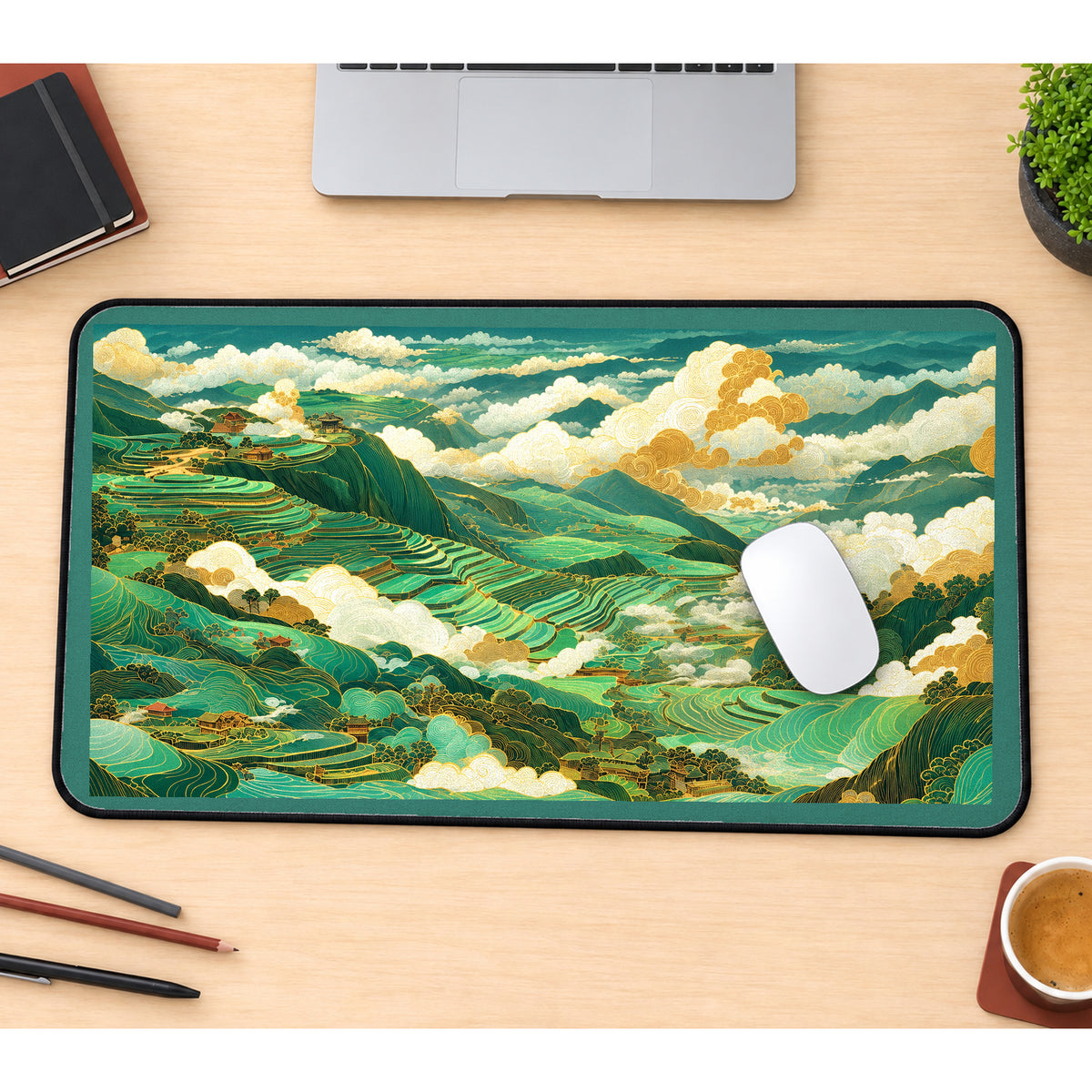 Green Rice Terraces in the Clouds desk mat — product mockup 1