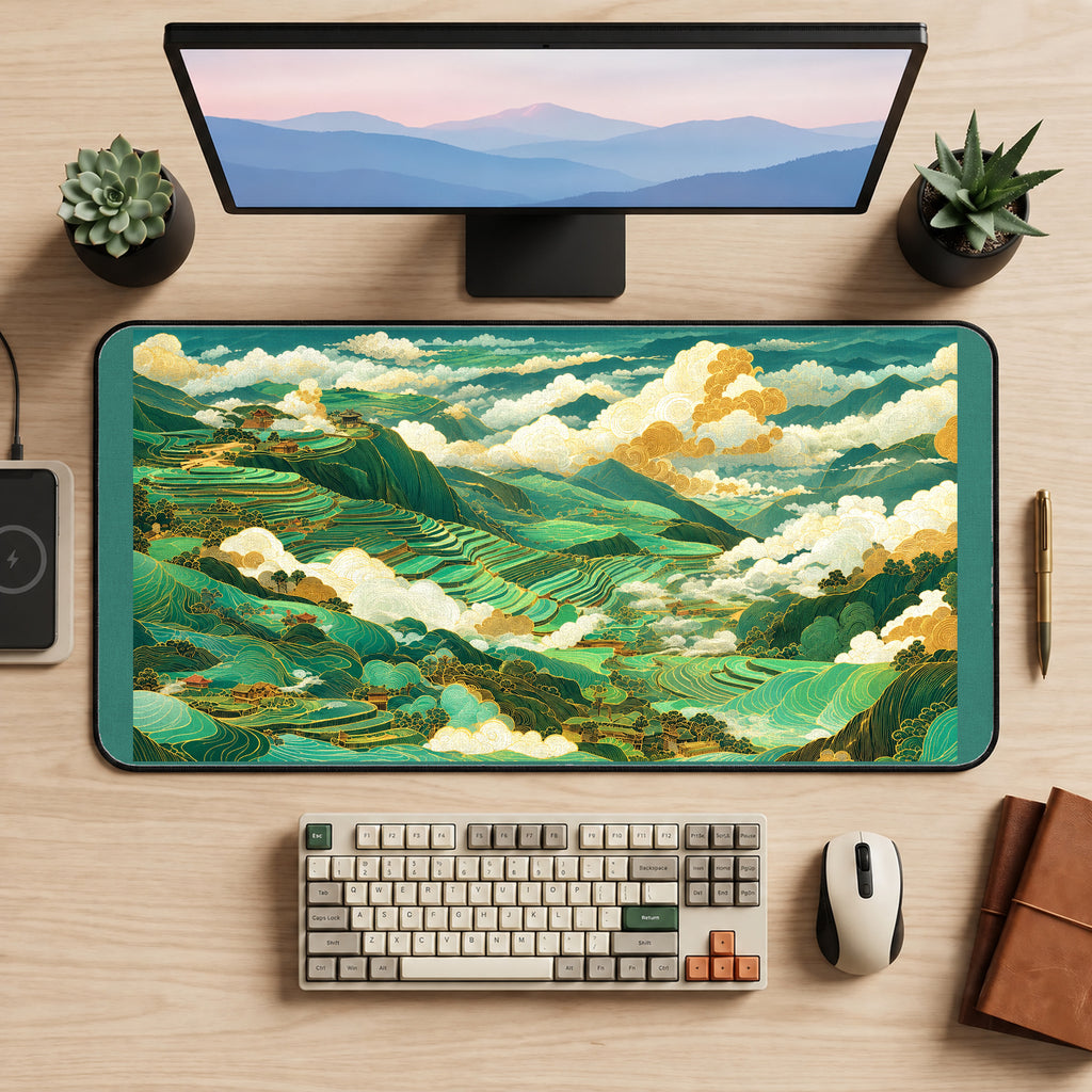 Green Rice Terraces in the Clouds desk mat — product mockup 2