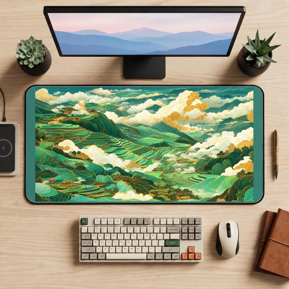 Green Rice Terraces in the Clouds desk mat — product mockup 2
