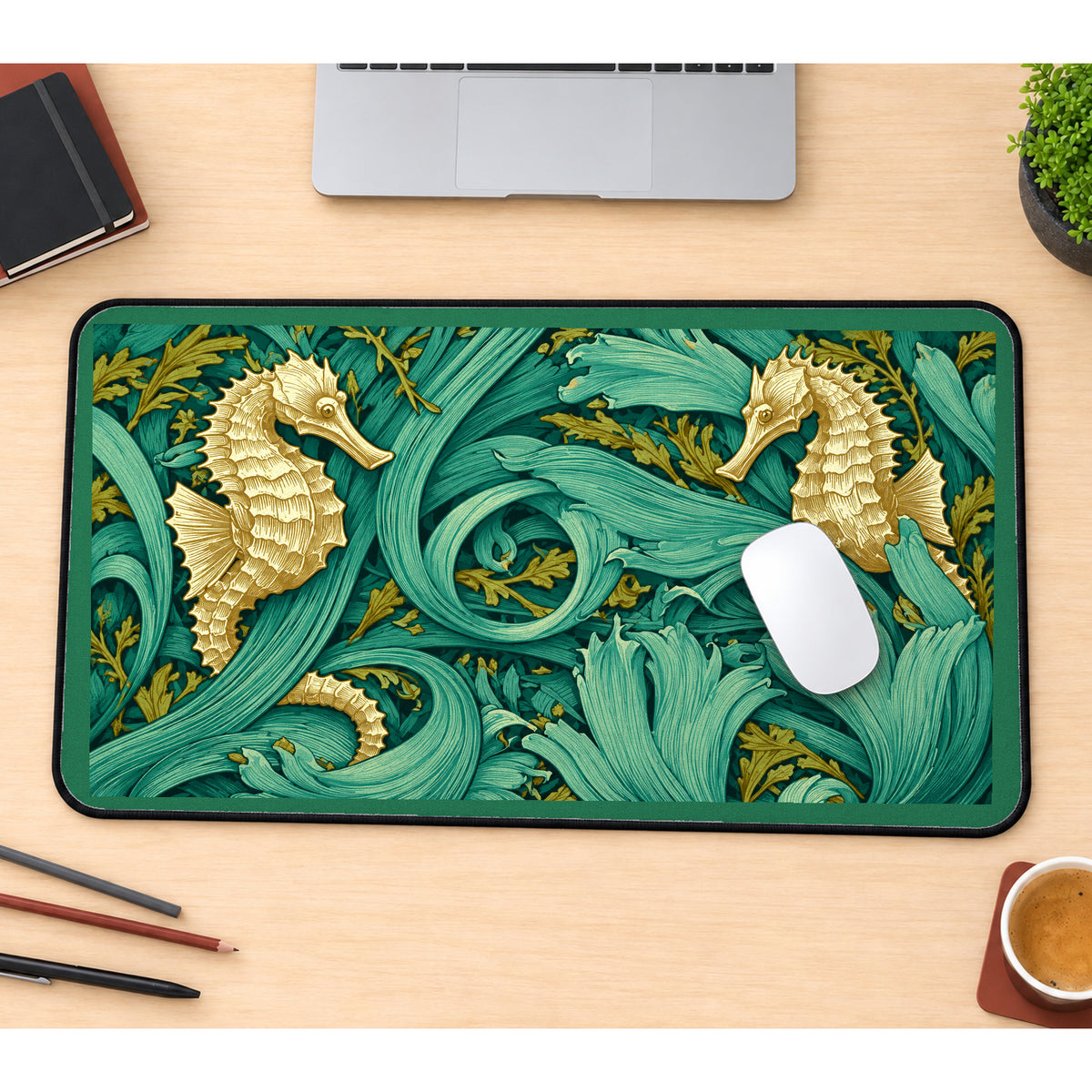 Gold Seahorses in Seaweed desk mat — product mockup 1