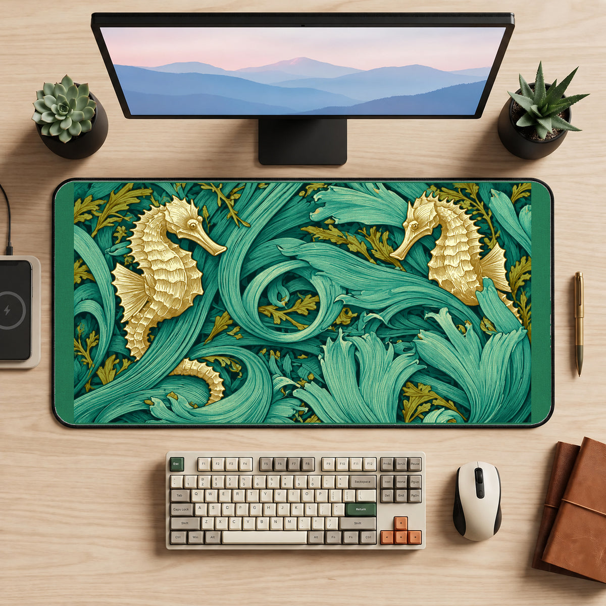 Gold Seahorses in Seaweed desk mat — product mockup 2