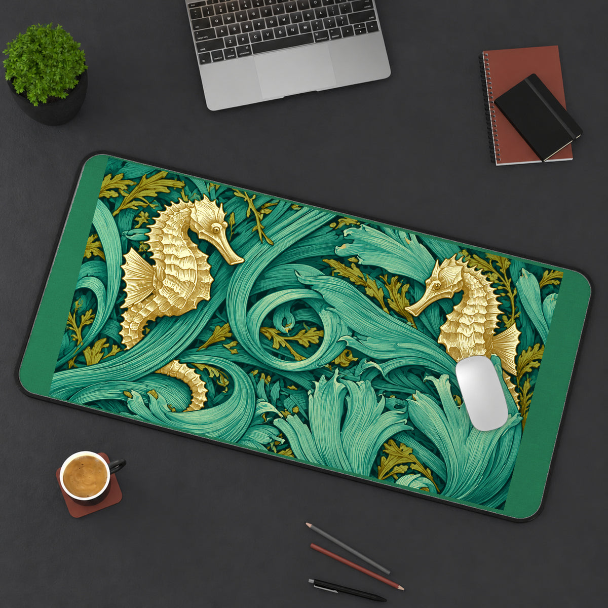 Gold Seahorses in Seaweed desk mat — product mockup 3