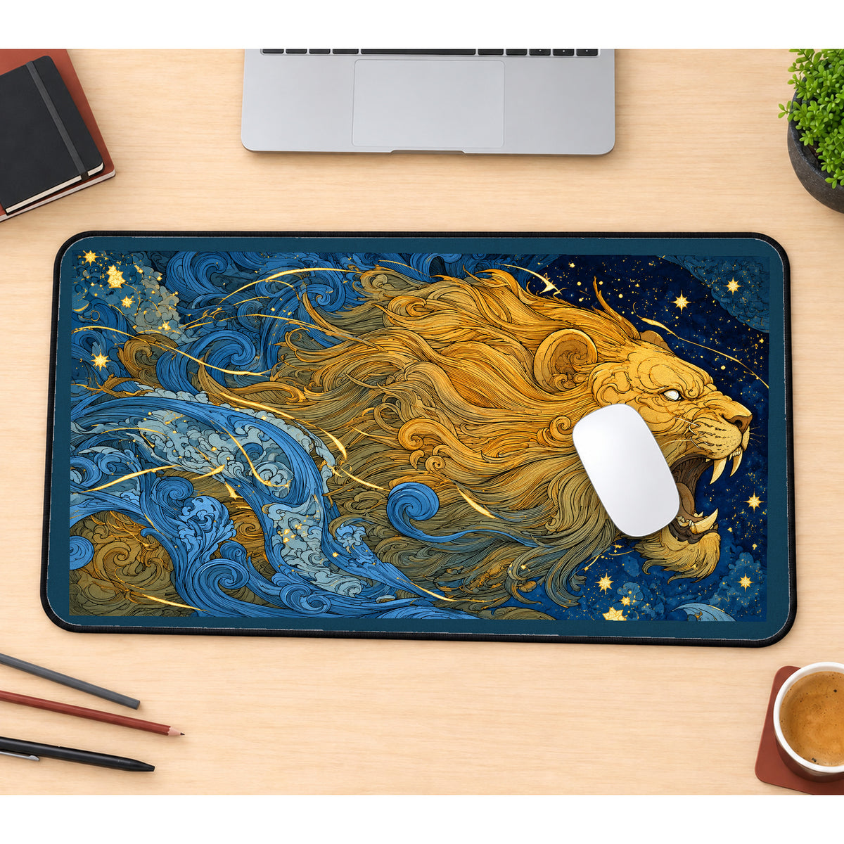 Golden Celestial Lion desk mat — product mockup 1
