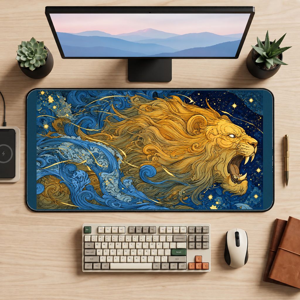 Golden Celestial Lion desk mat — product mockup 2
